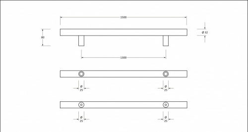 Satin SS (316) 1.5m T Bar Handle B2B Fix 32mm 