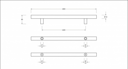 Satin SS (316) 1.8m T Bar Handle B2B Fix 32mm 