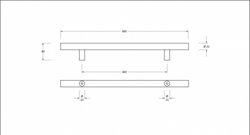 Polished SS (316) 0.6m T Bar Handle Bolt Fix 32mm 