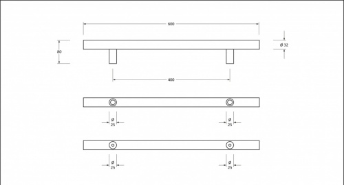 Polished SS (316) 0.6m T Bar Handle B2B Fix 32mm 