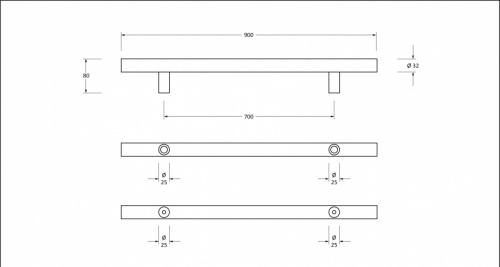 Polished SS (316) 0.9m T Bar Handle B2B Fix 32mm 