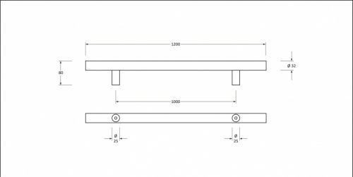 Polished SS (316) 1.2m T Bar Handle Bolt Fix 32mm 