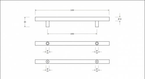 Polished SS (316) 1.2m T Bar Handle B2B Fix 32mm 