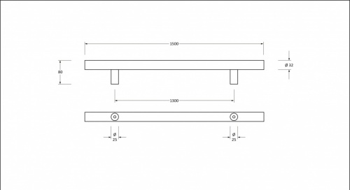 Polished SS (316) 1.5m T Bar Handle Bolt Fix 32mm 