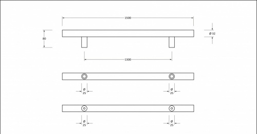 Polished SS (316) 1.5m T Bar Handle B2B Fix 32mm 