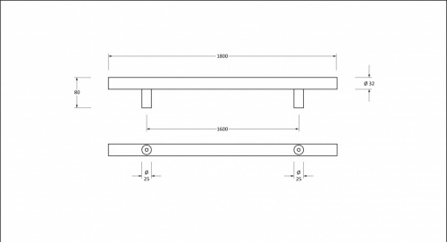 Polished SS (316) 1.8m T Bar Handle Bolt Fix 32mm 