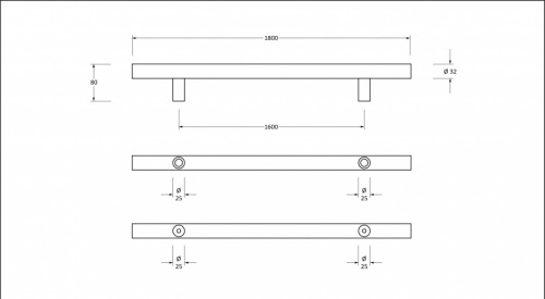 Polished SS (316) 1.8m T Bar Handle B2B Fix 32mm 