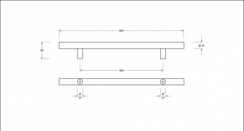 Matt Black SS (316) 0.6m T Bar Handle Bolt Fix 32mm 