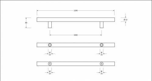 Matt Black SS (316) 1.2m T Bar Handle B2B Fix 32mm 