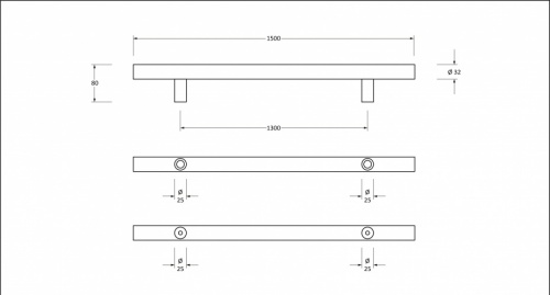 Matt Black SS (316) 1.5m T Bar Handle B2B Fix 32mm 