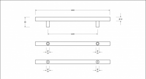 Matt Black SS (316) 1.8m T Bar Handle B2B Fix 32mm 