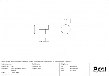 Polished Nickel Kelso Cabinet Knob - 25mm (No Rose)