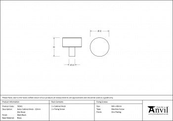 Matt Black Kelso Cabinet Knob - 32mm (No rose)