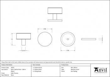 Satin Chrome Kelso Cabinet Knob - 38mm (Plain)