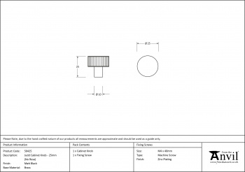 Matt Black Judd Cabinet Knob - 25mm (No rose)