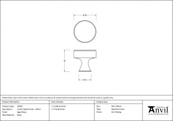 Aged Brass Scully Cabinet Knob - 38mm