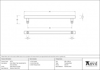 Satin Marine SS (316) 0.6m Offset T Bar Handle Bolt Fix 32mm ÿ