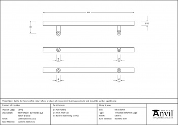 Satin Marine SS (316) 0.6m Offset T Bar Handle B2B 32mm ÿ