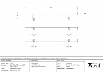 Satin Marine SS (316) 1.2m Offset T Bar Handle B2B 32mm ÿ