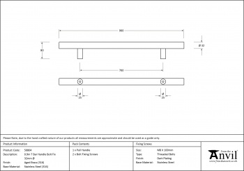 Aged Brass (316) 0.9m T Bar Handle Bolt Fix 32mm ÿ