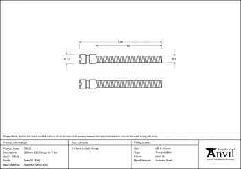 Satin SS (304) 100mm Back to Back Fixings for T Bar (2) - Offset