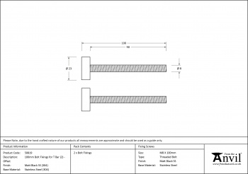 Matt Black SS (304) 100mm Bolt Fixings for T Bar (2) - Offset