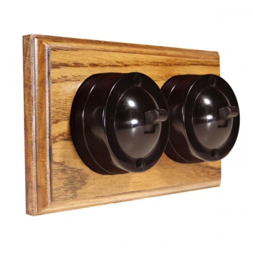 2 Gang Bakelite Switch - Medium Oak Horizontal