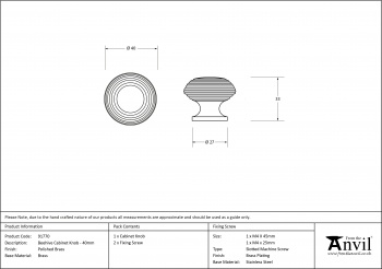 Polished Brass Beehive Cabinet Knob 40mm