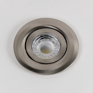 Brushed Chrome Adjustable 3K Warm White Tiltable LED Downlights, Fire Rated, IP44, High CRI, Dimmable