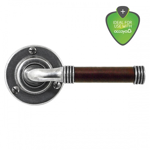 Finesse Jarrow Pewter and Chocolate Leather Door Handle on Round Rose