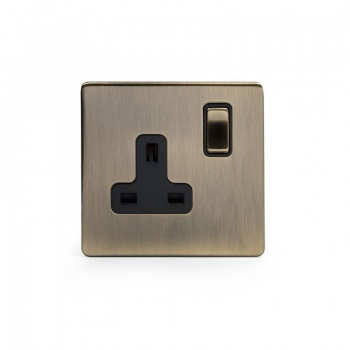 Aged Brass 1 Gang Double Pole Socket with Black Insert Single 13A