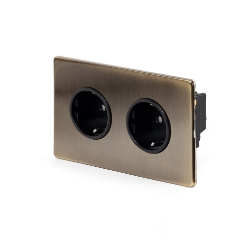 Aged Brass 16A 2 Gang Euro Socket Blk Ins Screwless