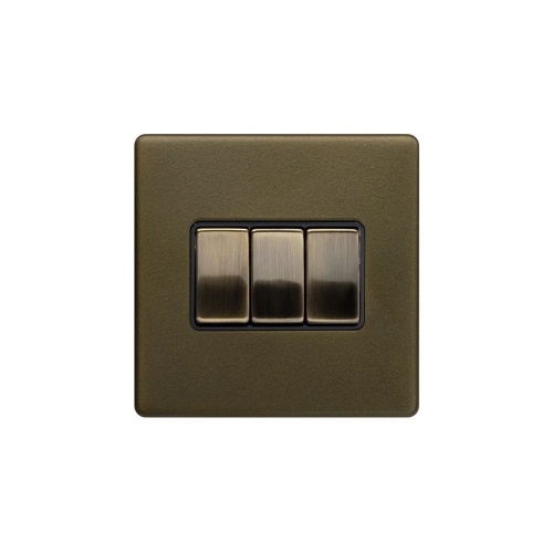 Bronze 10A 3 Gang 2 Way Switch Black Inserts Screwless