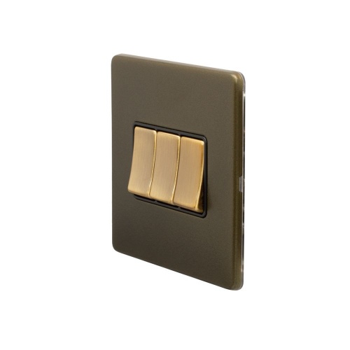 Bronze 10A 3 Gang 2 Way Switch Black Inserts Screwless