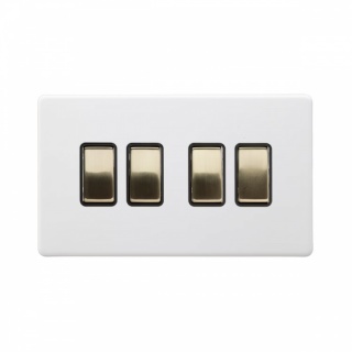 Primed Paintable 4 Gang 2 Way 10A Light Switch with Brushed Brass Switch with Black Insert