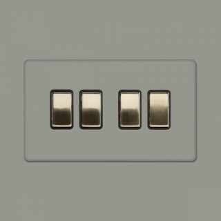 Primed Paintable 4 Gang 2 Way 10A Light Switch with Brushed Brass Switch with Black Insert