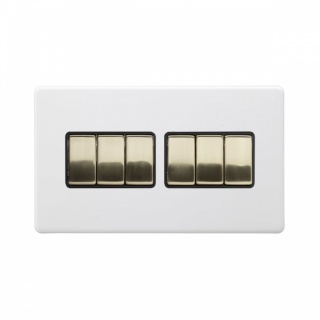 Primed Paintable 6 Gang 2 Way 10A Light Switch with Brushed Brass Switch with Black Insert