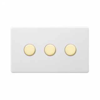 Primed Paintable 3 Gang 2 Way Trailing Edge Dimmer Switch 150W LED (300w Halogen/Incandescent) with Brushed Brass Switch