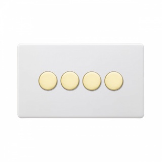 Primed Paintable 4 Gang 2 Way Trailing Edge Dimmer Switch 150W LED (300w Halogen/Incandescent) with Brushed Brass Switch