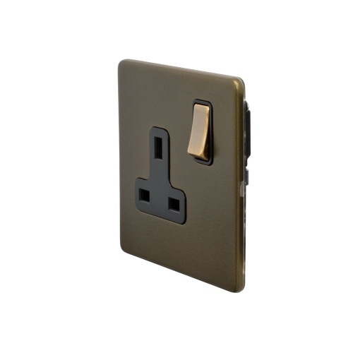 Bronze 13A 1 Gang Switched Socket, DP Black Inserts Screwless