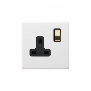 Primed Paintable 1 Gang Socket 13A Double Pole with Brushed Brass Switch with Black Insert