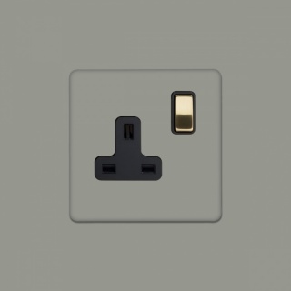 Primed Paintable 1 Gang Socket 13A Double Pole with Brushed Brass Switch with Black Insert