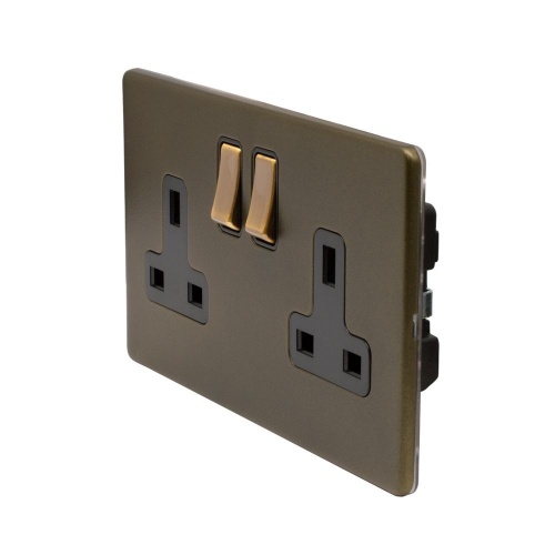 Bronze 13A 2 Gang Switched Socket, DP Black Inserts Screwless