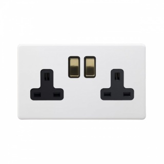 Primed Paintable 2 Gang Socket 13A Double Pole with with Brushed Brass Switch with Black Insert