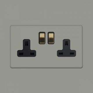 Primed Paintable 2 Gang Socket 13A Double Pole with with Brushed Brass Switch with Black Insert