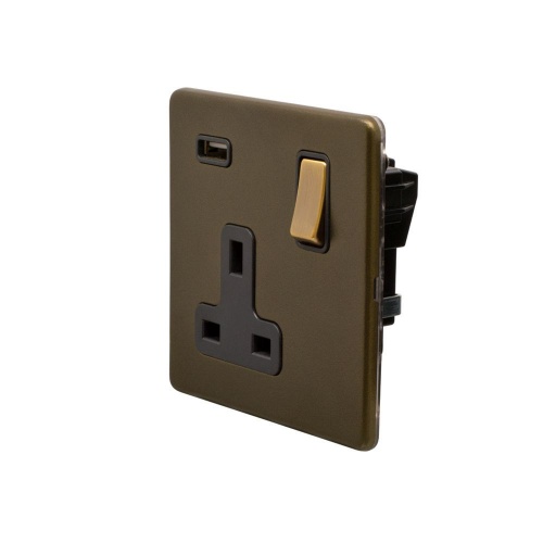 Bronze 13A 1 Gang DP USB Socket (USB 2.1amp) Black Inserts Screwless