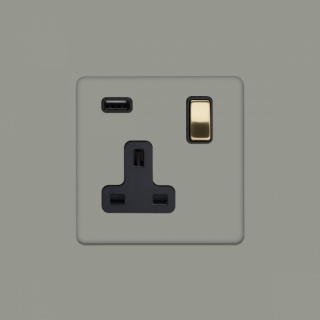 Primed Paintable 13A 1 Gang Double Pole Switched USB Socket (USB Output 2.1amp) with Brushed Brass Switch with Black Insert