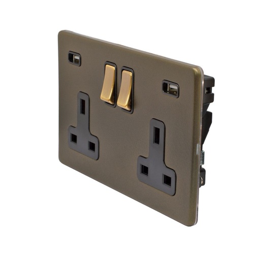 Bronze 13A 2 Gang DP USB Socket (USB 4.8amp) Black Inserts Screwless