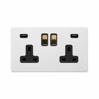 Primed Paintable 13A 2 Gang DP Fast Charge 4.8amp USB Socket with Brushed Brass Switch with Black Insert