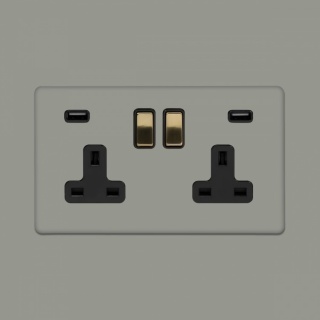 Primed Paintable 13A 2 Gang DP Fast Charge 4.8amp USB Socket with Brushed Brass Switch with Black Insert